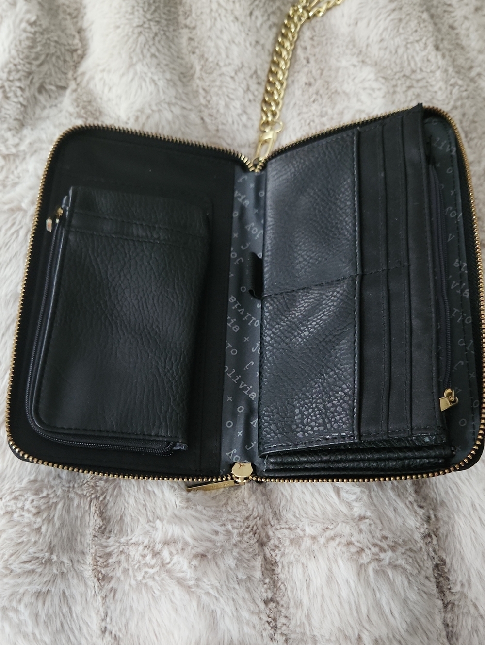 Black PVC Zip-Around Wallet with Gold Chain